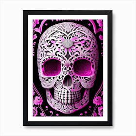 Skull With Mandala Patterns 2 Pink Linocut Art Print