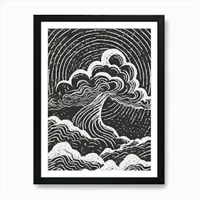 A Thunder God Amid Dark Swirling Clouds Linocut Art Print
