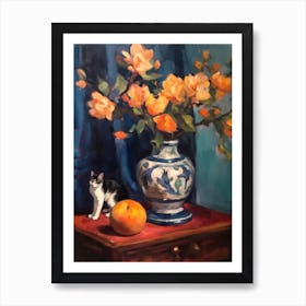 Flower Vase Magnolia With A Cat 1 Impressionism, Cezanne Style Art Print