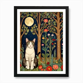 William Morris Style Cat In The Forest 2 Art Print