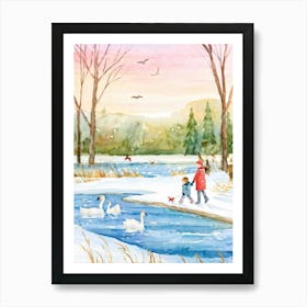 Watercolor Illustration Of A Serene Siberian Park In Winter Featuring A Tranquil Frozen Lake With A (1) Art Print