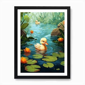 Cartoon Duckling Swimming With Water Lilies 1 Art Print