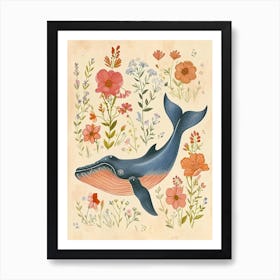 Folksy Floral Animal Drawing Whale 2 Art Print