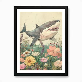 Shark With The Flowers Detailed Line Illustration Art Print