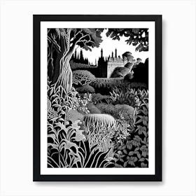Powis Castle Gardens, United Kingdom Linocut Black And White Vintage Art Print