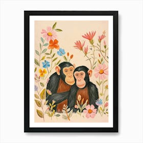 Folksy Floral Animal Drawing Chimpanzee 7 Art Print