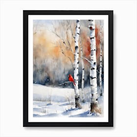 Birch Trees in Winter with Cardinal Art Print