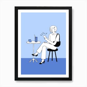 Woman Using Her Phone Coffee Shop Hand Drawing Illustration Art Print