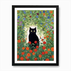 Flower Garden And A Black Cat, Inspired By Klimt 1 Art Print