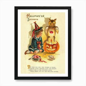 Halloween Secrets, Little Witch With Owl And A Poem Art Print