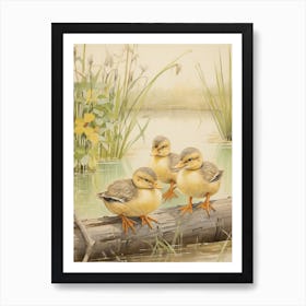 Ducklings Resting On The Log Japanese Woodblock Style Art Print