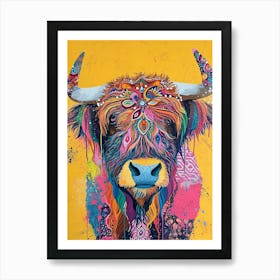 Kitsch Colourful Highland Cow 3 Art Print