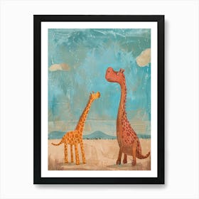 Dinosaur & Giraffe Storybook Painting 1 Art Print