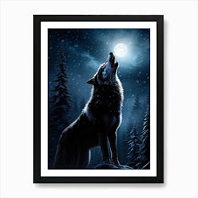 Howling Wolf Center Frame Midnight Wilderness Backdrop Full Moon Casting Silver Illumination Thro (4) Art Print