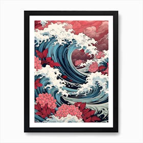 Great Wave With Lotus Flower Drawing In The Style Of Ukiyo E 4 Art Print