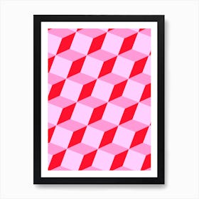 Cubes Geometric Pattern in Pink and Red Art Print