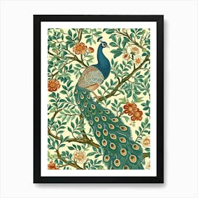 Turquoise Peacock Vintage Wallpaper With Leaves Art Print