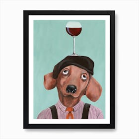 French Dachshund With Wineglass Mint & Brown Art Print