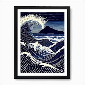 Crashing Waves Landscapes Waterscape Linocut 2 Art Print