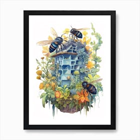 Blue Carpenter Bee Beehive Watercolour Illustration  1 Art Print