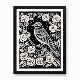 B&W Bird Linocut Eastern Bluebird 3 Art Print