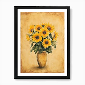 Sunflower Sepia Watercolour Illustration Art Print