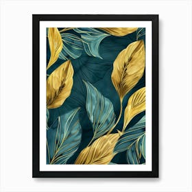 Gold Leaves On Blue Background Art Print