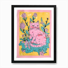 Cute Kitty Cat With Flowers Illustration 4 Art Print