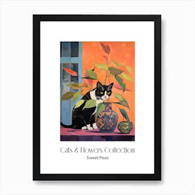 Cats & Flowers Collection Sweet Pea Flower Vase And A Cat, A Painting In The Style Of Matisse 3 Art Print