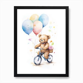 Cycling Teddy Bear Painting Watercolour 3 Art Print