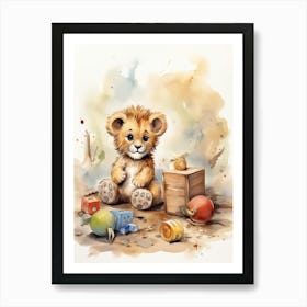 Playing With Wooden Toys Watercolour Lion Art Painting 3 Art Print