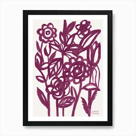 Abstract Linear Floral Dark Red Art Print