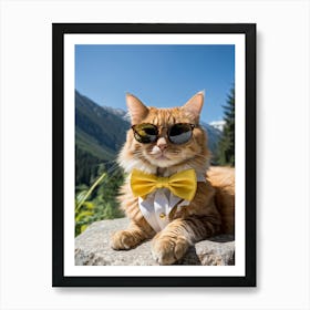 Cat Outfitted In Sharp Business Attire With A Fashionable Yellow Bow Tie Resting Sunglasses Atop It (1) Art Print