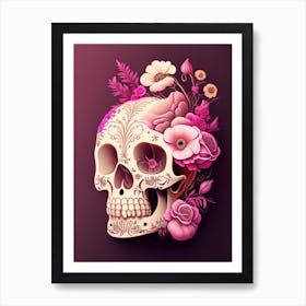 Skull With Intricate Henna Designs 1 Pink Vintage Floral Art Print