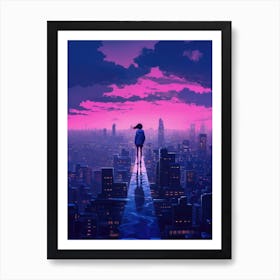 Neon Anime Girl Standing On A Bridge above the City Art Print