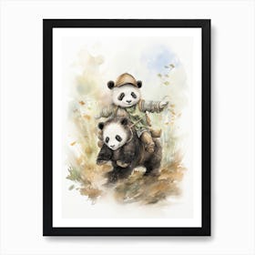 Panda Art Horseback Riding Watercolour 2 Art Print