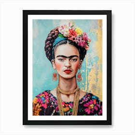 Frida Kahlo Bunte Mexikanische Malerei, Portrait Frida mit Blumenkranz Art Print