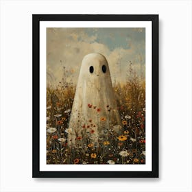 Ghost In Wildflower Field Halloween Painting Art Print