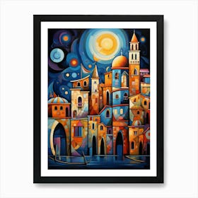 City of Venice at Night, Vibrant Colorful Abstract Painting in Cubism Style Art Print