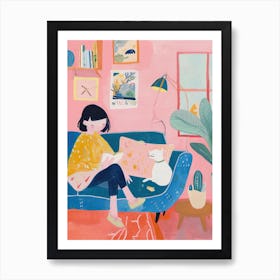 Girl In The Sofa With Pets Tv Lo Fi Kawaii Illustration 5 Art Print