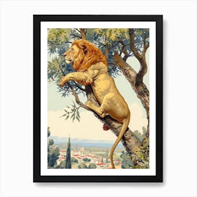 Barbary Lion Climbing A Tree Illustration 1 Art Print