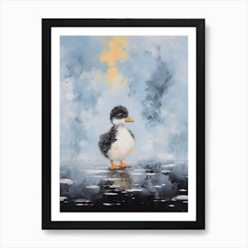 Black & White Duckling Walking On The Ice 1 Art Print