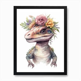 Velociraptor With A Crown Of Flowers Cute Dinosaur Watercolour 1 Art Print