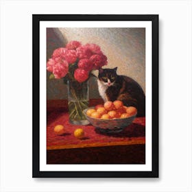 Peony With A Cat 4 Pointillism Style Art Print