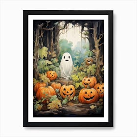 Cute Bedsheet Ghost, Botanical Halloween Watercolour 89 Art Print