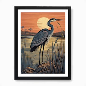 Vintage Bird Linocut Great Blue Heron 8 Art Print