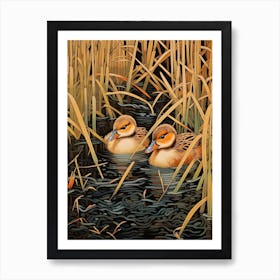 Ducklings With The Pond Weed Japanese Woodblock Style 4 Art Print