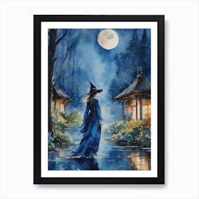 The Blue Witch ~ Blue Moon Fairytale Witchcraft Sacred Spirit Watercolor Painting China Yoga Meditating Spiritual Painting Art Print