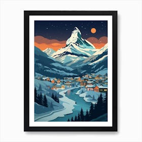 Winter Travel Night Illustration Zermatt Switzerland 3 Art Print