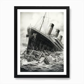 Titanic White Star Pencil Drawing Black And White 3 Art Print